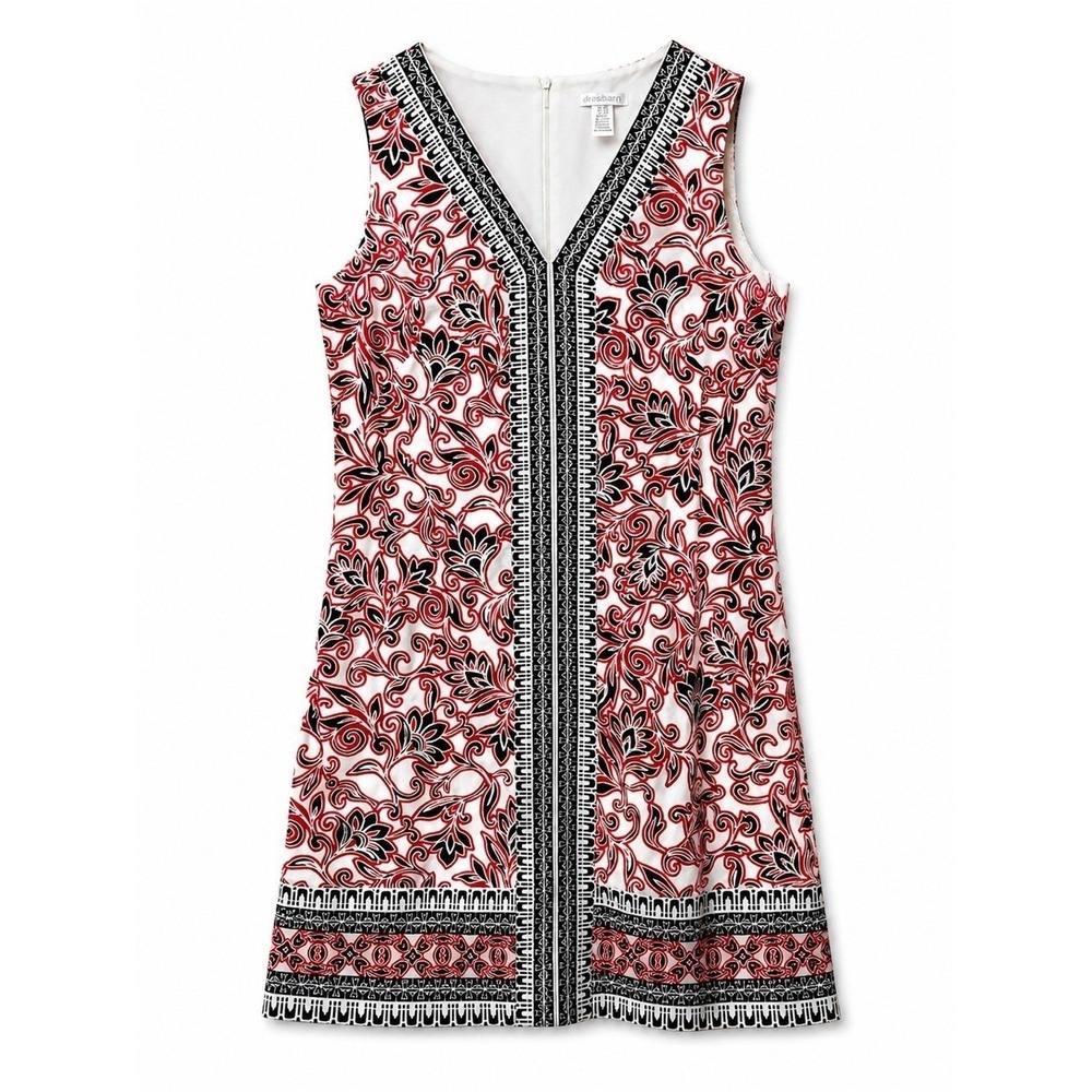 London Times Red Black White Scroll Print Shift Dress 12 V Neck Classic Preppy